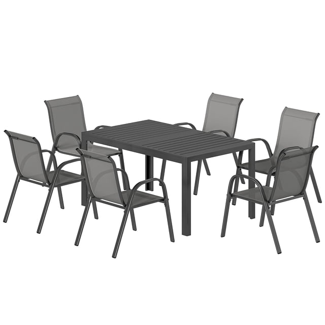 7 Piece Outdoor Dining Set, Light Grey Patio Furniture Set with Rectangular Steel Table and 6 Stackable Breathable Mesh Chairs for Backyard, Garden, Patio and Deck