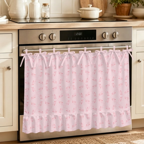 Oven Skirt Curtain for Kitchen 21.5x30 Inch, Pink Morocco Oven Curtain with 8 Ribbon Ties & Ruffle Trim, Stove Skirt Curtain Dishwasher for Cabinets Over Sinks Geometric Leaf Diamond Lattice Abstract