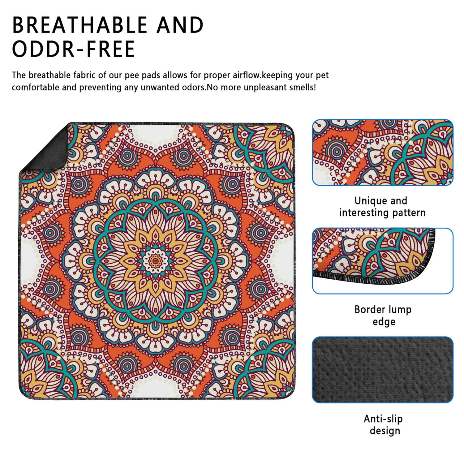 Mandala Washable Dog Pee Pads 48" x48", Reusable Potty Training Pads with Non-Slip Backing, for Indoor Use on Tile, Wood and Laminate Floors.