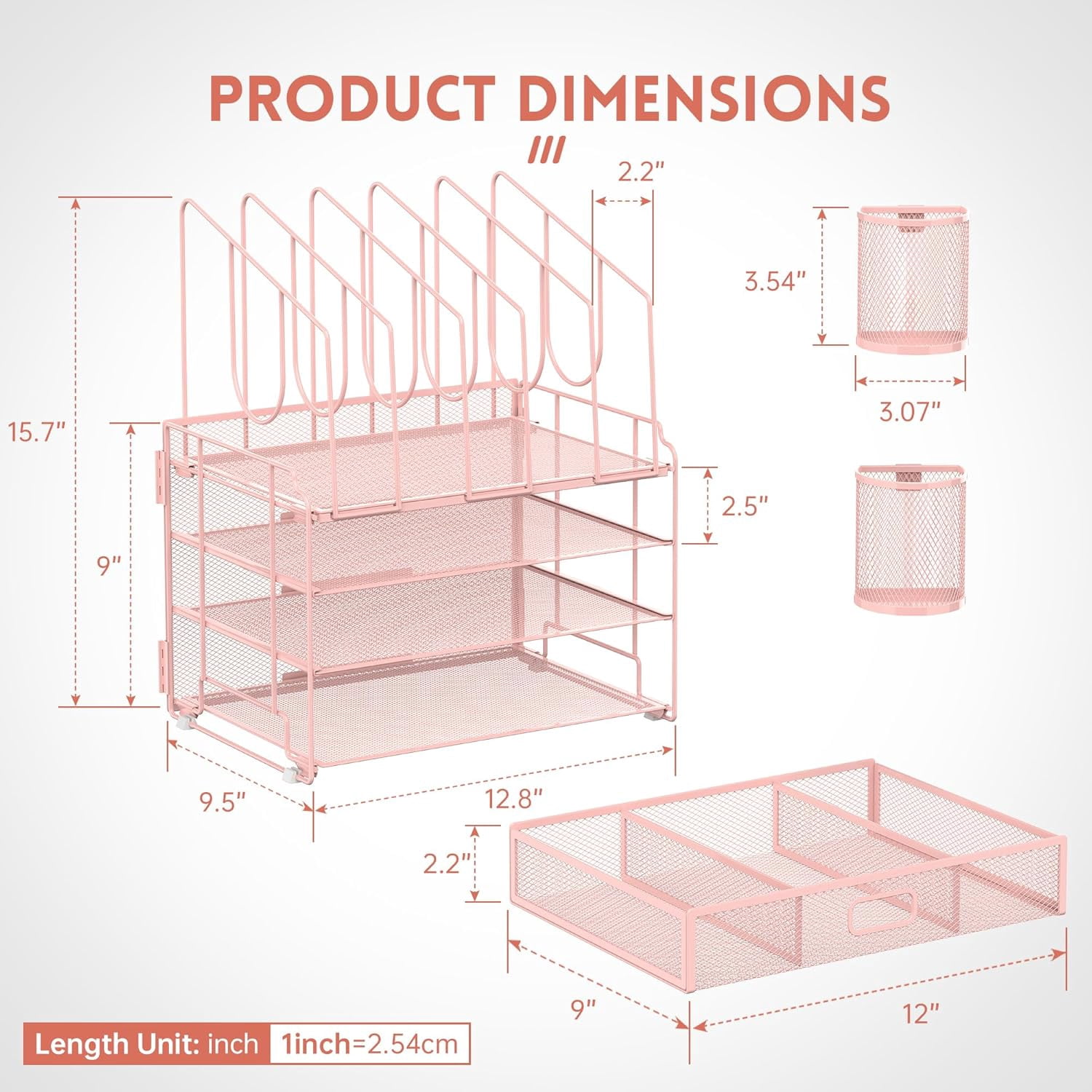 INTIGE 4-Tier Metal Desk Organizer with Drawer, 5 Vertical File Holders and 2 Pen Holders, Pink, 1 Pcs