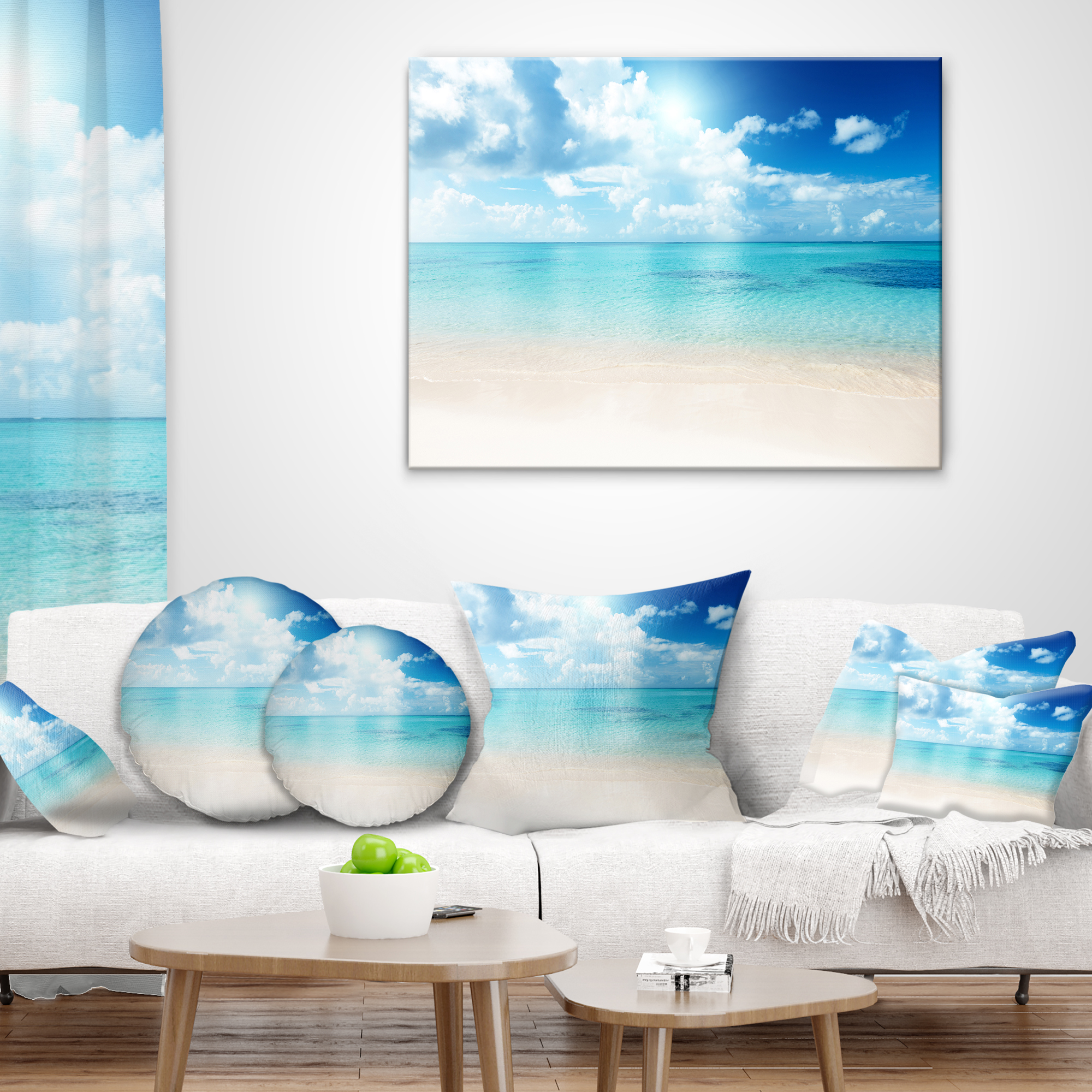 Designart Sand of Beach in Blue Caribbean Sea - Modern Seascape Throw Pillow - 12x20