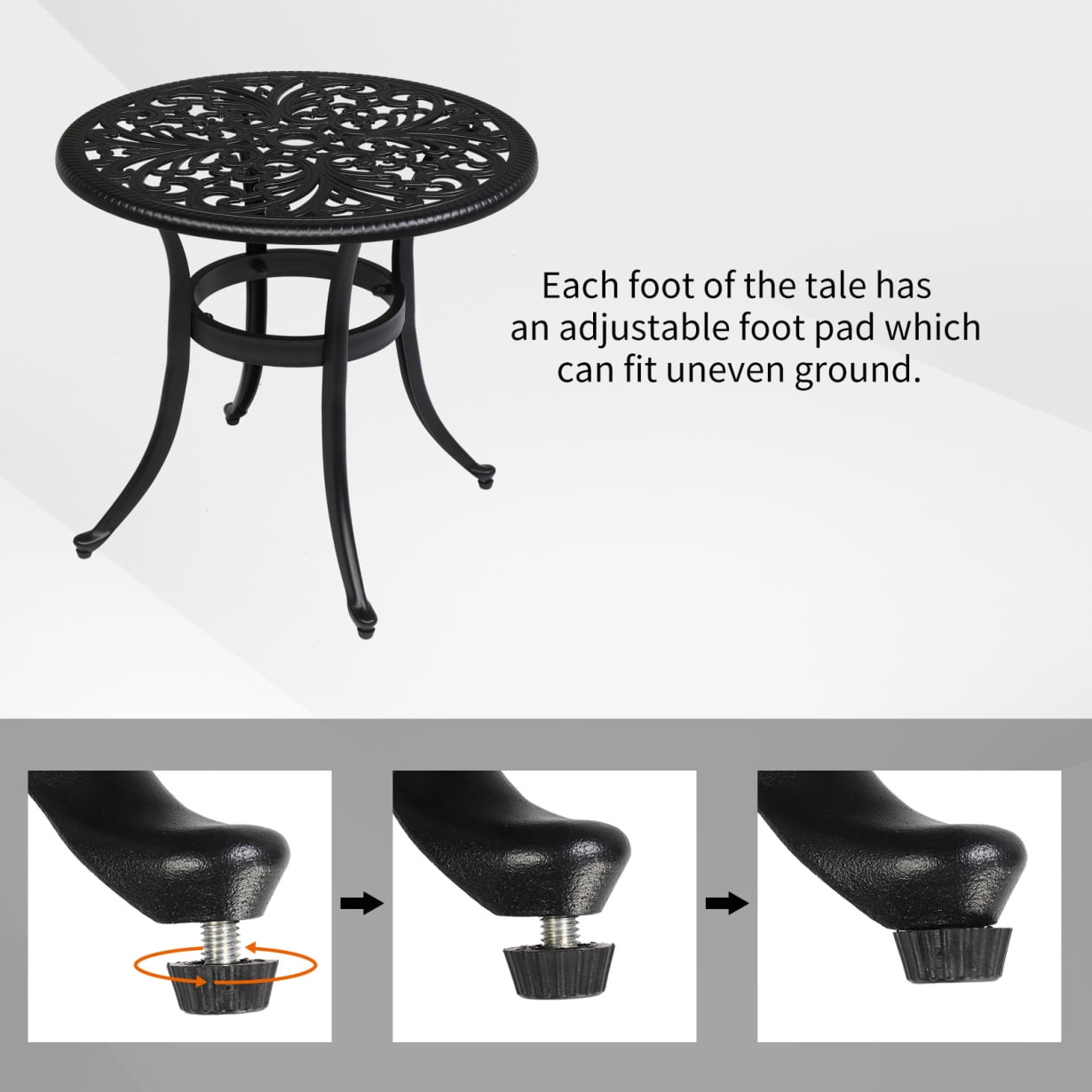 23.6 inch Patio Side Table, Cast Aluminum End Table with Adjustable Footpads, Outdoor Small Coffee Table with Umbrella Hole, Round Metal Patio Table for Poolside, Backyard, Balcony