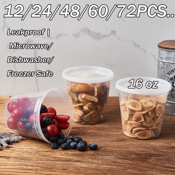 Food Storage Containers with Lids 16oz, Freezer Deli Cups Combo Pack, BPA-Free Leakproof Round Clear Takeout Container Meal Prep Microwavable, Airtight Lids