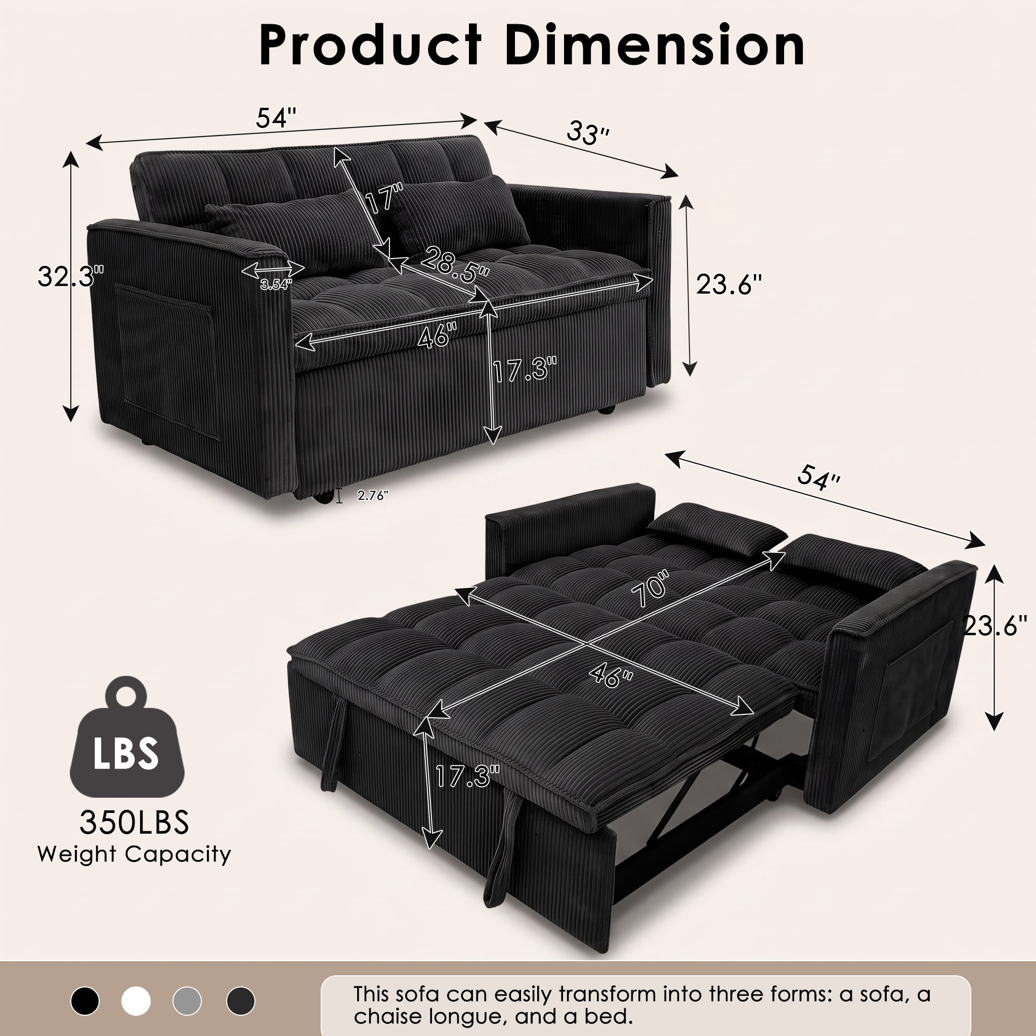 ShiKeyi 54" Corduroy Convertible Sofa Bed, 3 in 1 Pull Out Sleeper Sofa, Loveseat Couch with Storage Pocket, Black