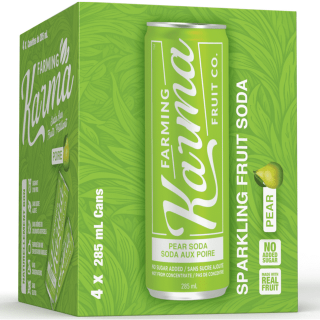 Farming Karma Pear Fruit Soda 4x285 ml pack with four green cans featuring white text and pear illustrations, highlighting no added sugar, real fruit content, and natural flavours in a lightly sparkling fruit soda ideal for refreshing hydration.