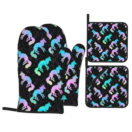 

Oven Mitts and Pot Holders Sets 4 pcs - Dazzling Color Fox Heat Resistant Silicone Oven Gloves with Non-Slip Silicone Surface and hot pads for kitchen Baking Cooking BBQ