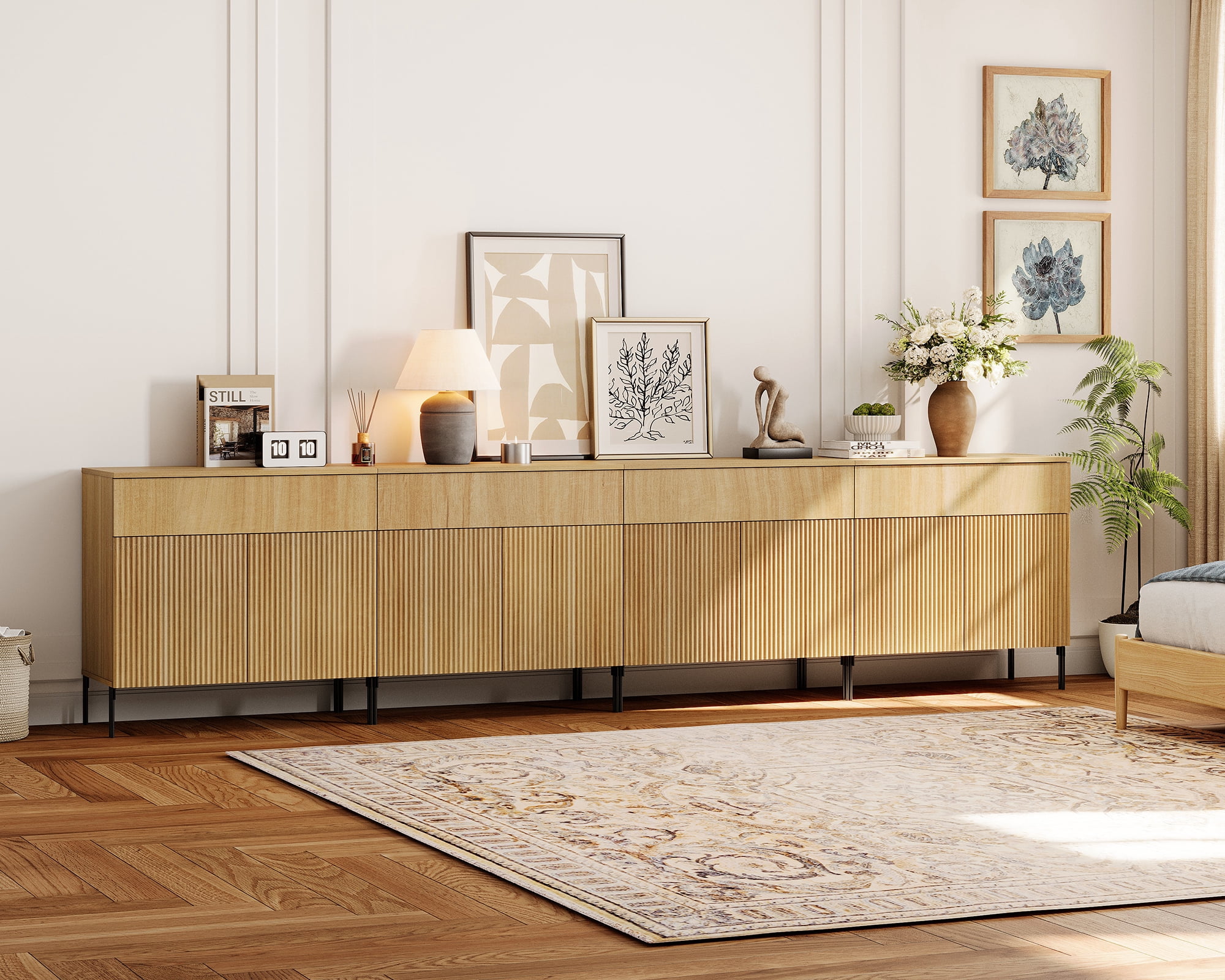 126" Wooden Reeded Sideboard with Doors and Drawers, 4-In-1 Modern Wide Credenza Storage Cabinet for Kitchen, Dining Room
