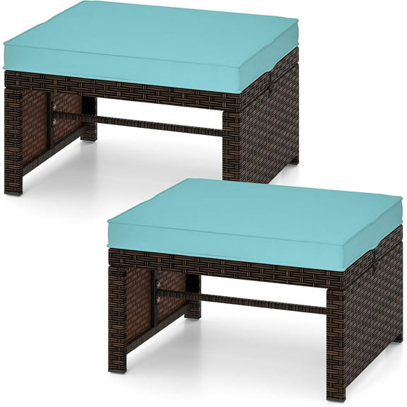 WYDK 2 Pieces Patio PE Rattan Ottomans, Multipurpose Outdoor Footstool Footrest Additional Seating Side Table with Soft Zippered Cushions for Deck, Garden, Poolside and Yard (Turquoise)