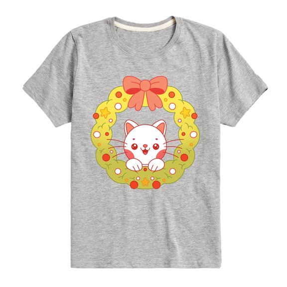 Instant Message - Christmas Chibi Cat Wreath Short Sleeve Graphic T-Shirt