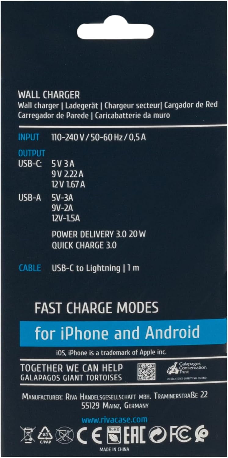 RIVACASE PS4102 WD5 Caricabatterie con cavo Lightning Type-C – 20W PD, QC3.0, 2 porte Type-C e
