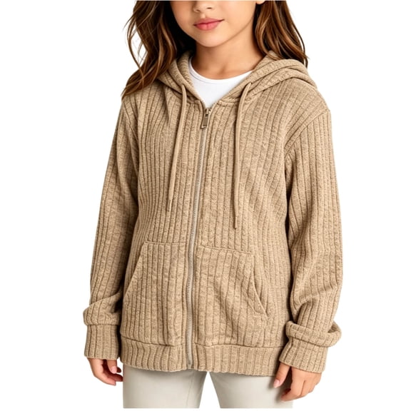 Mooqilaa Girls Zip up Hoodies Size 14-16, Long Sleeve Knitted Casual Spring Fall Lightweight Outerwear Khaki