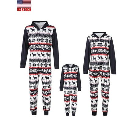 

Sunisery Family Matching Christmas Pajamas Sets Dad Mom Kids Baby Deer Print Parent-child Zipper Hooded Jumpsuits