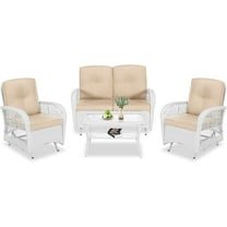 VIVIJASON 4-Piece Outdoor Patio White Wicker Conversation Sets, All Weather Rattan Furniture Set Includes Glider Loveseat, Coffee Table, 2 Glider Rocker Chairs w/Cushion for Lawn Balcony, Beige