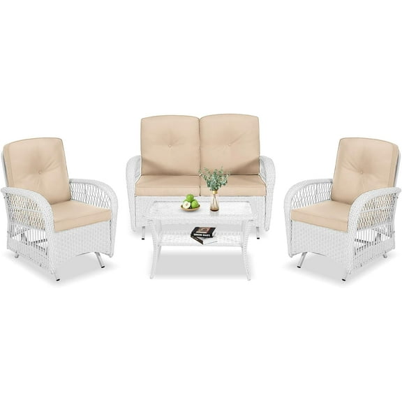 VIVIJASON 4-Piece Outdoor Patio White Wicker Conversation Sets, All Weather Rattan Furniture Set Includes Glider Loveseat, Coffee Table, 2 Glider Rocker Chairs w/Cushion for Lawn Balcony, Beige