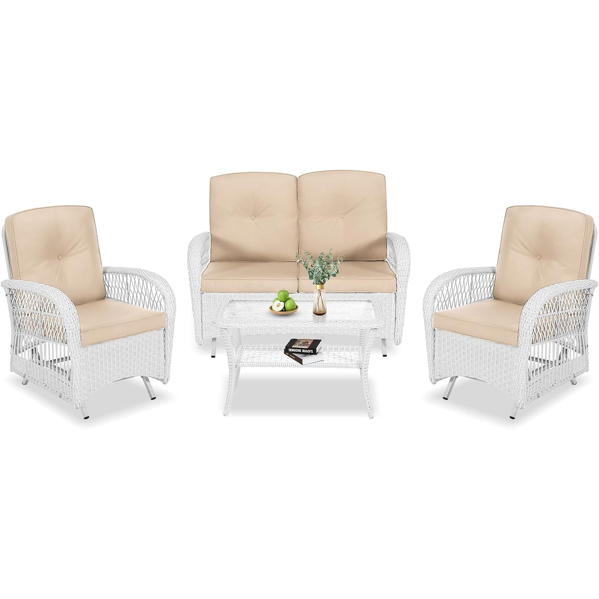 VIVIJASON 4-Piece Outdoor Patio White Wicker Conversation Sets, All Weather Rattan Furniture Set Includes Glider Loveseat, Coffee Table, 2 Glider Rocker Chairs w/Cushion for Lawn Balcony, Beige