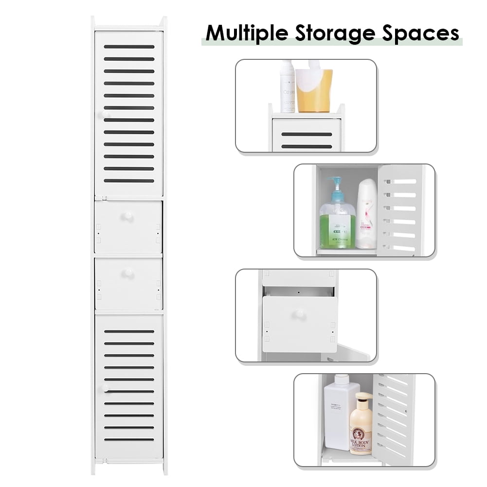 Bathroom Storage Corner Floor Cabinet with Doors and Drawers,Thin Toilet Vanity Cabinet,Narrow Bath Sink Organizer,Towel Storage Shelf for Paper Holder,White