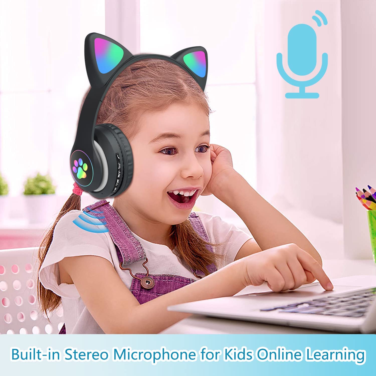 Hinzonek Cat Ear Kids Headphones, LED Lights, Black photo 8