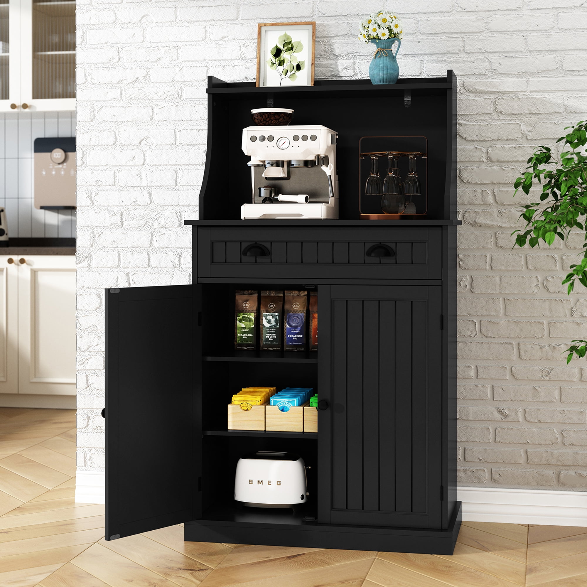CBJCBJ 54" Kitchen Pantry Cabinet with Door & Shelves, Sideboard Buffet Cabinet with Microwave Stand for Dining Room, Black