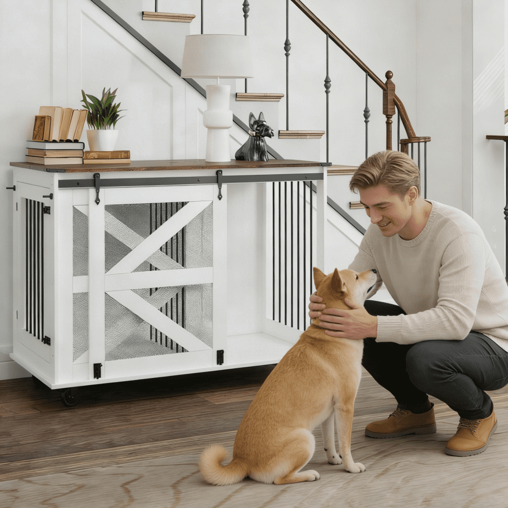 47.2" Double Dog Crate Furniture Mobile Pet Kennel Flip-Top Feeding Door 5 Casters with 2 Locking Wheels Side Hooks