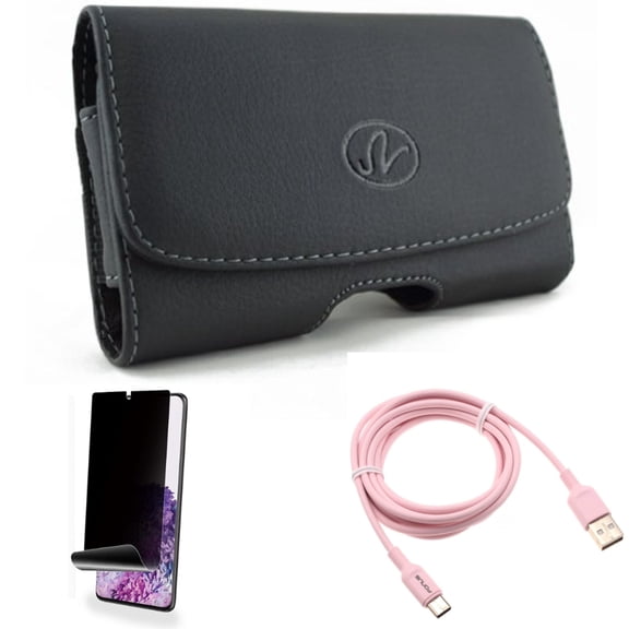 6ft USB-C Cable w Privacy Screen Protector w Case Belt Clip for Samsung Galaxy S20 Plus - Pink Charger Cord Power, TPU Film [NOT GLASS] [Fingerprint Works], Leather Swivel fits Galaxy S20 Plus