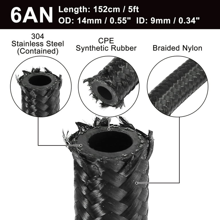 AN6 3/8 5ft Fuel Line Hose Nylon Stainless Steel Car Engines