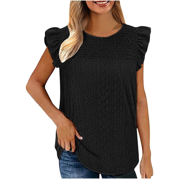 Summer Saving Wycnly Tank Tops Solid Round Neck Sleeveless T Shirts for Women Fashion Ruffle Layer Hollowed Tunic Vest Blouses Black XXL Clearance Clothes