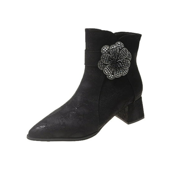 Xfvqtps Womens Pointed Toe Ankle Boots Chunky Heel Winter Fashion Booties with Rhinestone Flower Decor Side Zipper Dress Casual Shoes Black