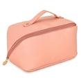 thumbnail image 1 of Bolsa de maquillaje de viaje, bolsa de maquillaje de apertura grande, bolsa de maquillaje portátil que se abre plana para fácil acceso, bolsa de maquillaje de cuero PU, organizador de cosméticos, 1 of 5