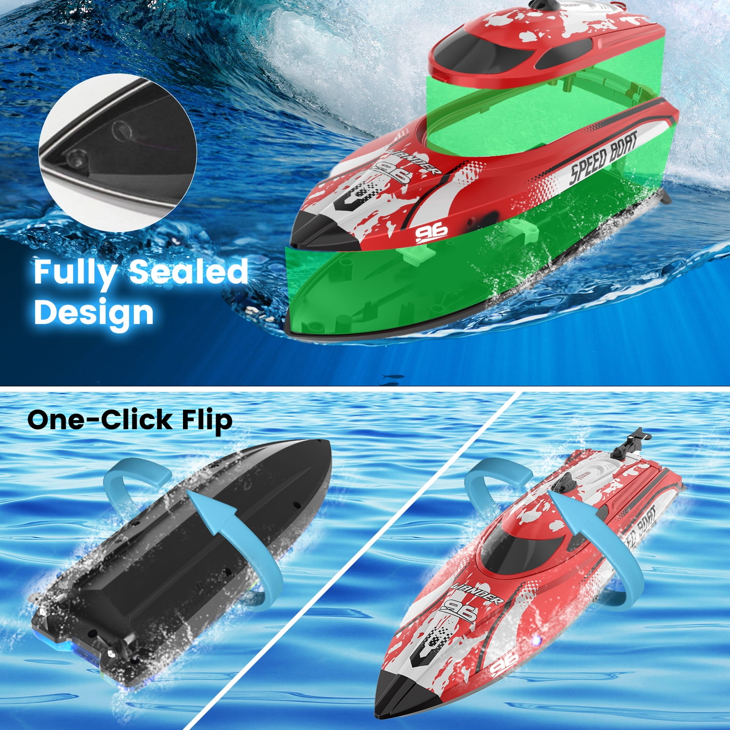 JoyStone Remote Control Boat with LED Lights, 20+ mph, 12 inch High-Speed RC Racing Boats for Pool & Lakes, Pool Toys for Kids & Adults, Blue