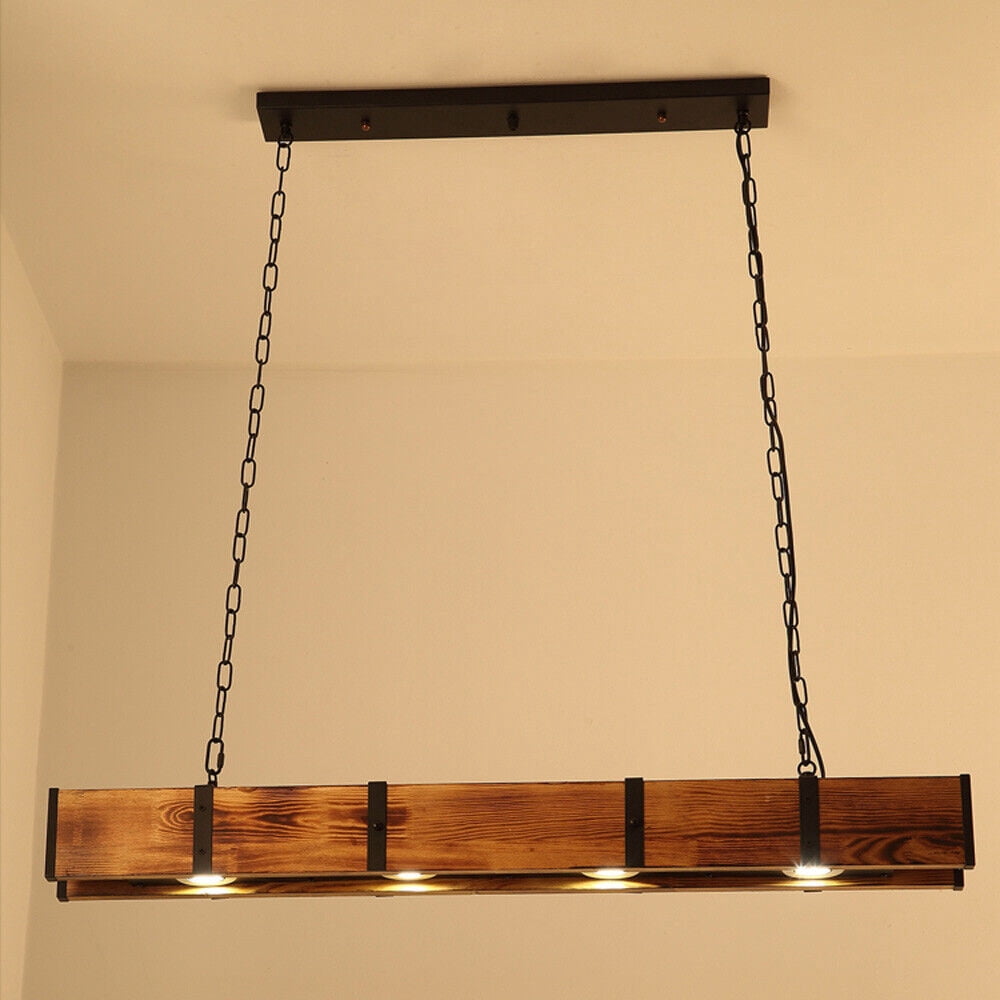 4-Light Chandelier Lighting Farmhouse Wood Large Linear Island Pendant Fixtures Rustic Wood 4 Lights Chandelier Farm House Ceiling Lamp Pendant Hanging Light Rustic Wood Island Lighting Kitchen