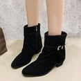 thumbnail image 2 of Cuffed Ankle Boots Women's Casual Winter Stylish Solid Color Low Chunky Heel Side Zipper with Belt Buckle Round Square Toe, 2 of 10