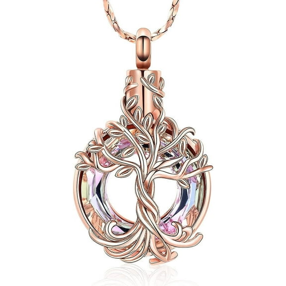 Crystal Cremation Jewelry Tree of Life Urn Necklace for Ashes with Circle Crystal Memorial Keepsake Jewelry w/Funnel Filler Gifts for Women / Friends / Love Ones