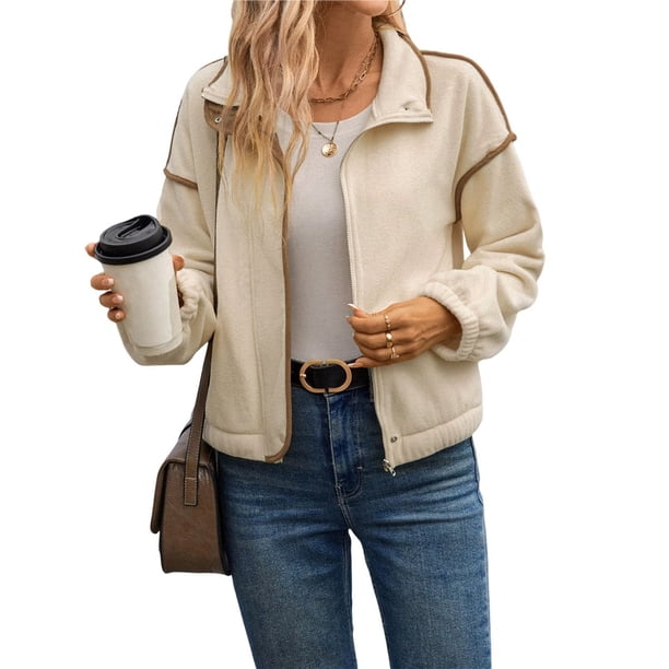 Chaqueta Corta con Cuello Alto y Cremallera para Mujer, Abrigo Grueso y Cálido de Otoño, A . Albaricoque L