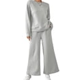 thumbnail image 5 of 2 Pcs/Set Women Top Pants Suit Round Neck Long Sleeves Textured Solid Color Sweatshirt Elastic Waist Wide Leg Trousers Daily Wear Sport Outfit Fall Spring Tracksuit, 5 of 8