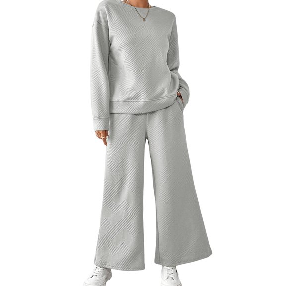 2 Pcs/Set Women Top Pants Suit Round Neck Long Sleeves Textured Solid Color Sweatshirt Elastic Waist Wide Leg Trousers Daily Wear Sport Outfit Fall Spring Tracksuit