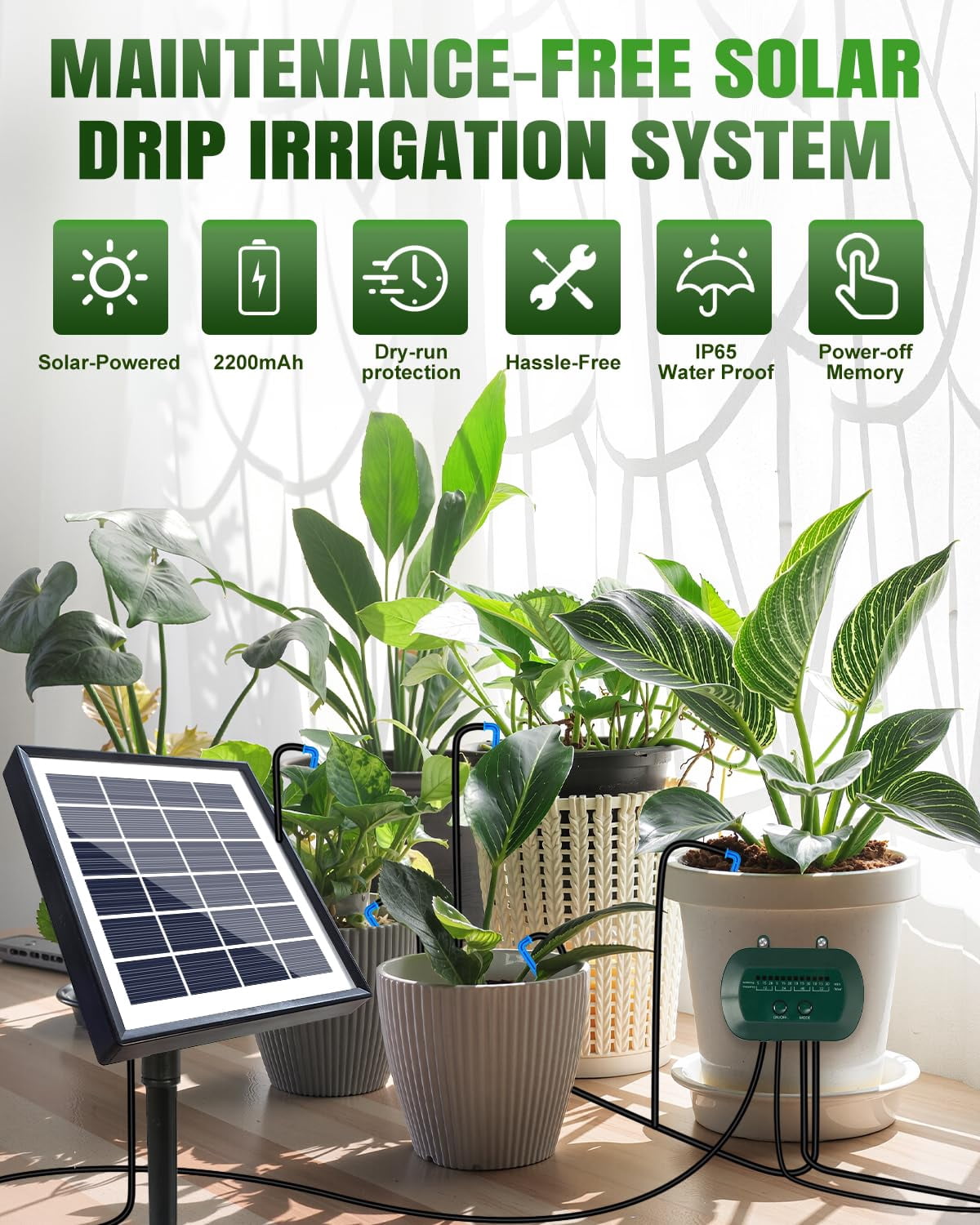 Solar Drip Irrigation Kit 50FT Automatic Garden Watering System with Timer, Draws Water from Container, Supports 15 Pots for Balcony, Patio, Indoor & Outdoor Plants