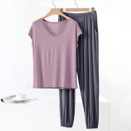 AUNVITO Women s Modal Pajama Set Relaxed V-Neck Short Sleeve and Long Pants Casual Comfortable Loungewear