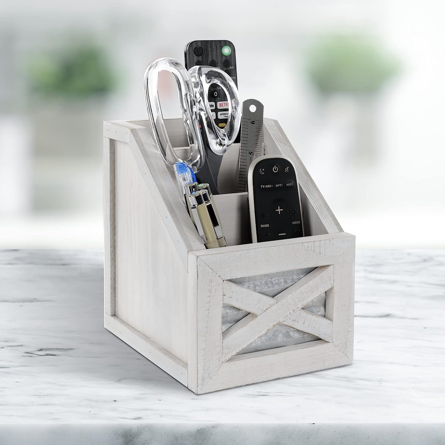 Autumn Alley Rustic Remote Holder - Farmhouse Desk Organizer, Barn Door Remote Holder, Desktop Organizer - 3-Slot Multiple Compartment Remote Control Storage Caddy, Rustic Home Decor, White