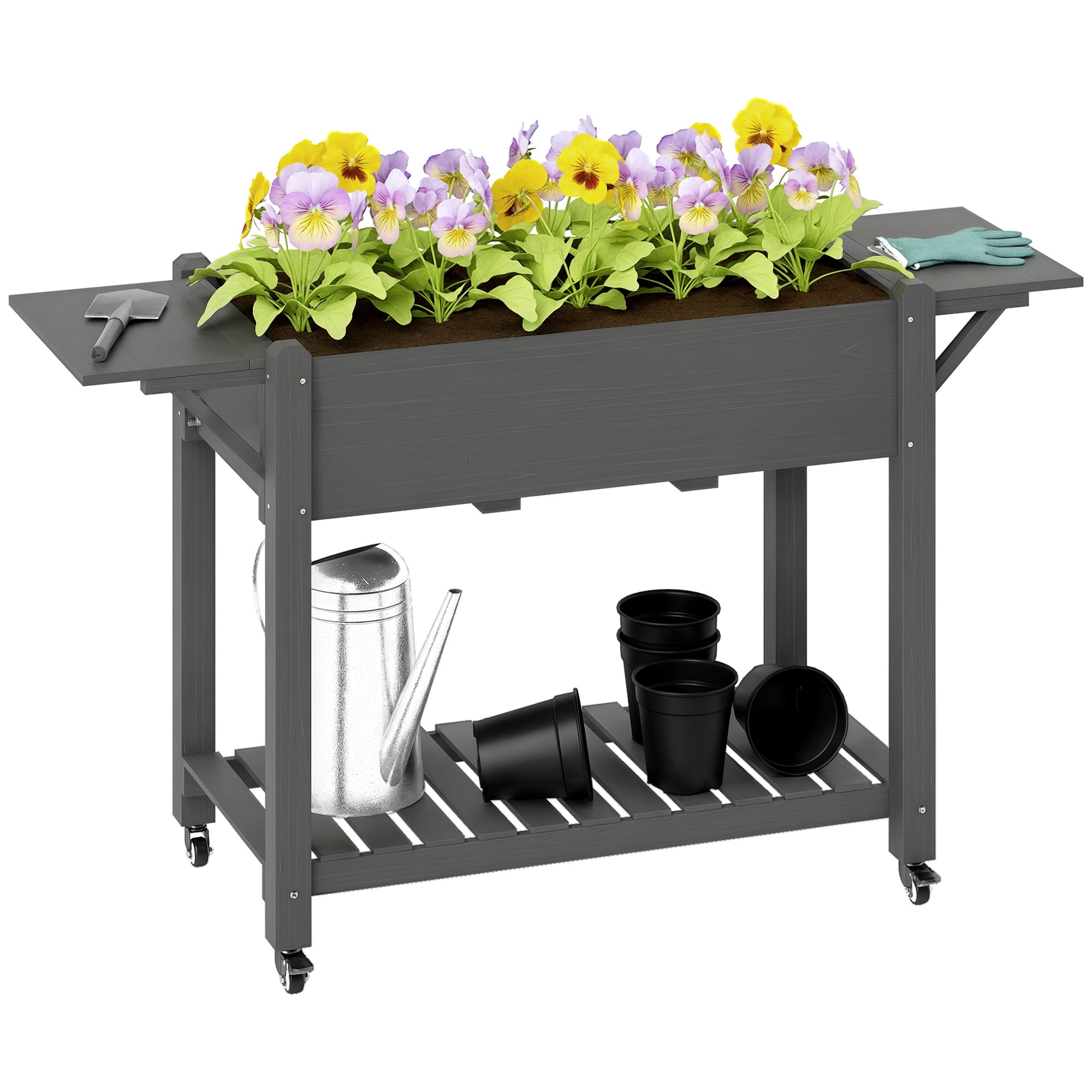 Outsunny Raised Garden Bed, Wood Elevated Planter Box with Lockable Wheels, Side Tables, Bottom Shelf, Bed Liner and Drainage Holes, Gray