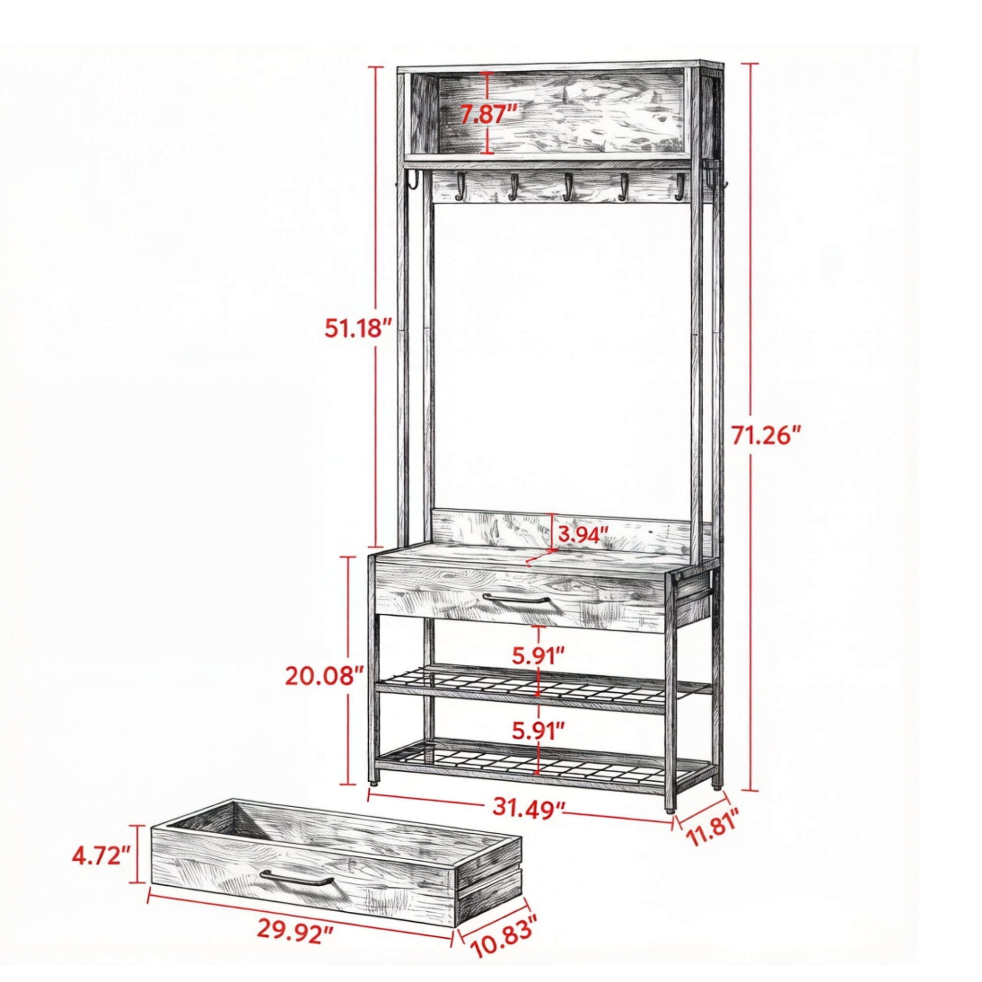 Coat Rack with Bench and Shoe Storage, 36.22 in Hall Tree