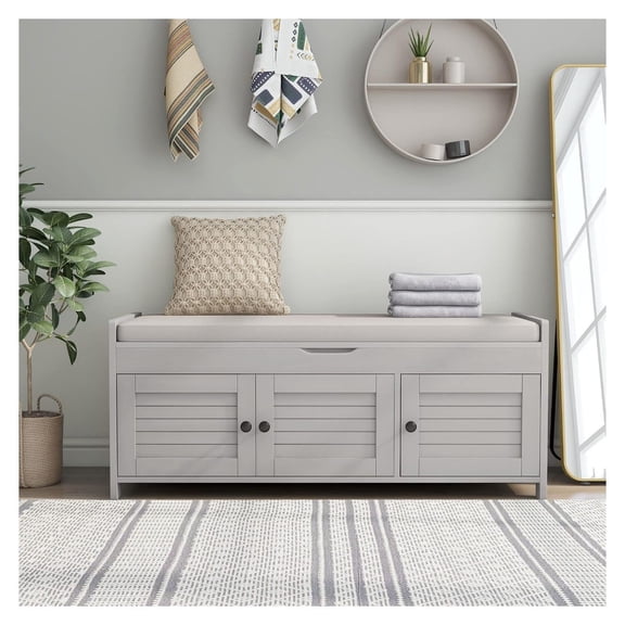 Entryway Storage Bench with 3 Doors & Cushion - Shoe Organizer Wooden Ottoman for Living Room, Bedroom - Grey