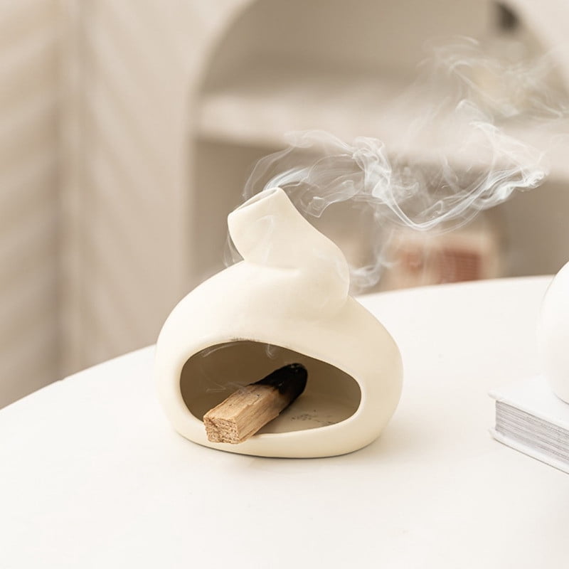 Soft Curved Minimalist Ceramic Palo Santo Holder Incense Burner -Modern Decor Holder for Holy Wood Sticks/Cones | Nordic Calm Home Accent for Energy Cleansing, Meditation-Cream White