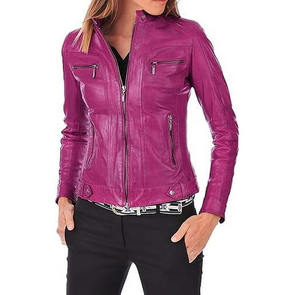 Women's Genuine Pink Lambskin Leather Jacket Motorcycle Slim fit Biker Jacket W735