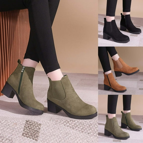 LOVZFMLL Boots for Women Ankle Chelsea Boots Side Zipper Round Toe Slip Resistant Mid Block Heel Suede Casual Fall Winter Boots
