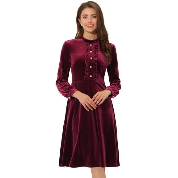 DARING DIVA Button Front Ruffle Vintage Flared Dress S Burgundy