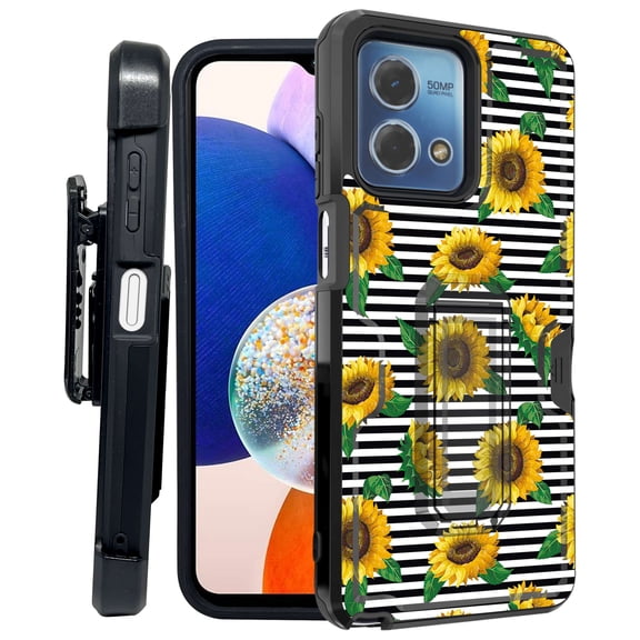 ANJ  Rugged Shockproof Kickstand Hybrid Case with Card Slot and Holster   Tempered Glass Cover for Motorola Moto G Stylus 5G (2023) - Classic Sunflowers