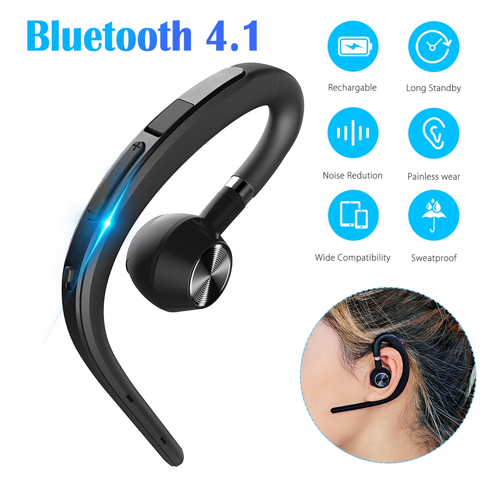 Bluetooth Headset, EEEKit Wireless Bluetooth 4.1 Earpiece Headphones Earphones Ear Hooks with Noise Cancelling Mic for Business/Office/Driving/Truck Support iPhone/Android Cell Phones