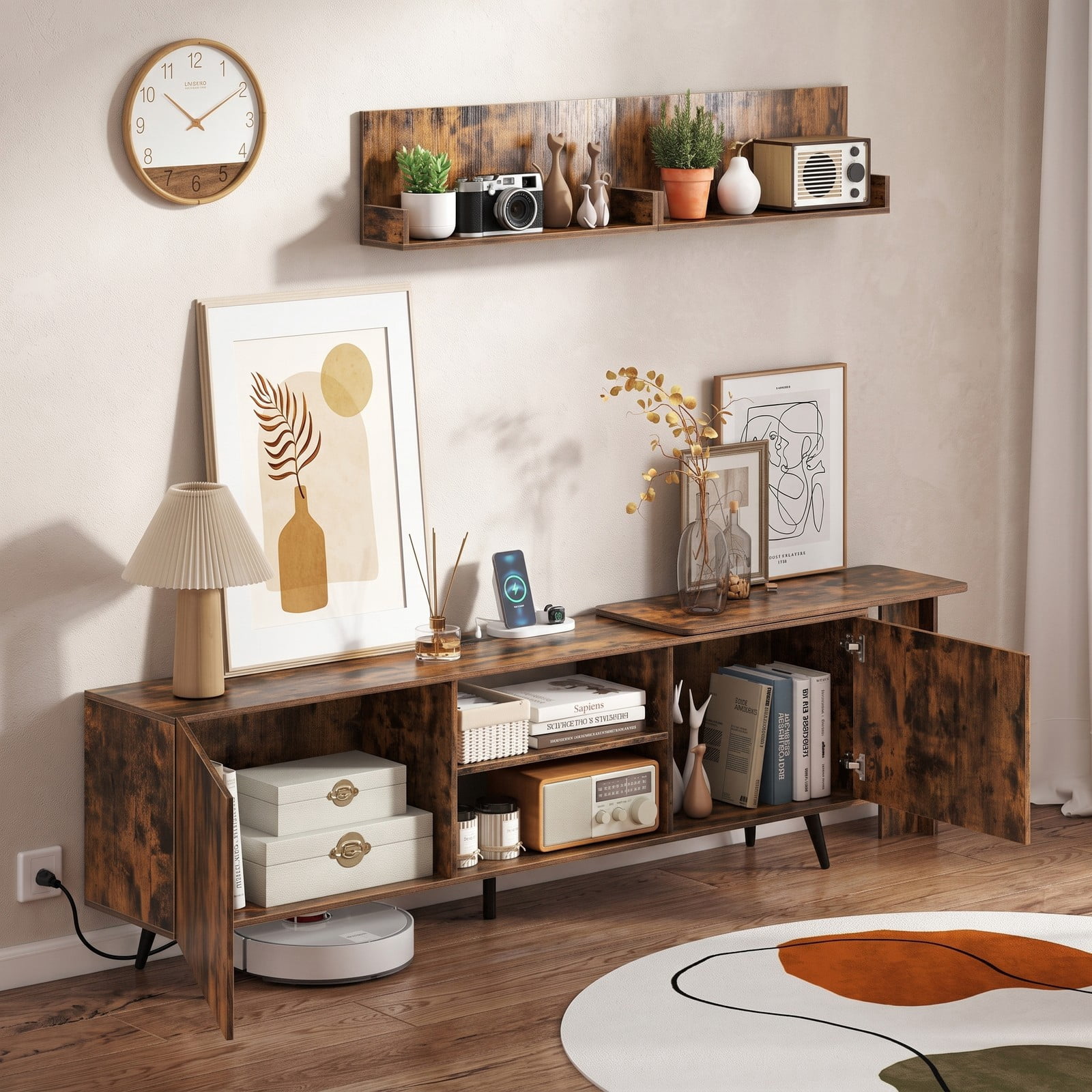 Furnibear TV Stand for TVs up to 85 Inch with Charging Station, Wood Entertainment Center Media Console with 2 Cabinets and 2 Wall Shelves for Living Room, Rustic Brown