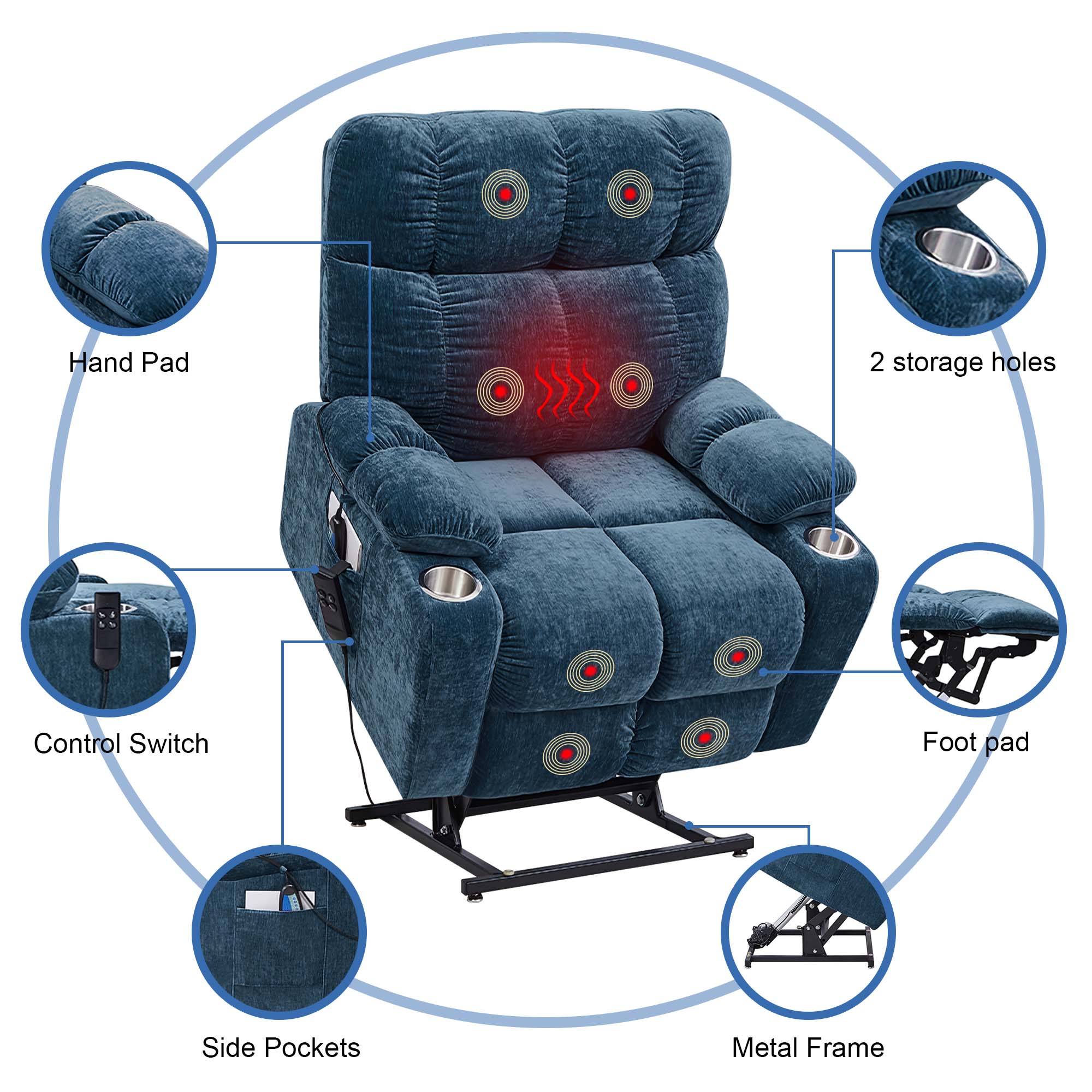 Aukfa Massage Recliner Electric Chair with Heat, Power Lift Chair for Elderly, Blue