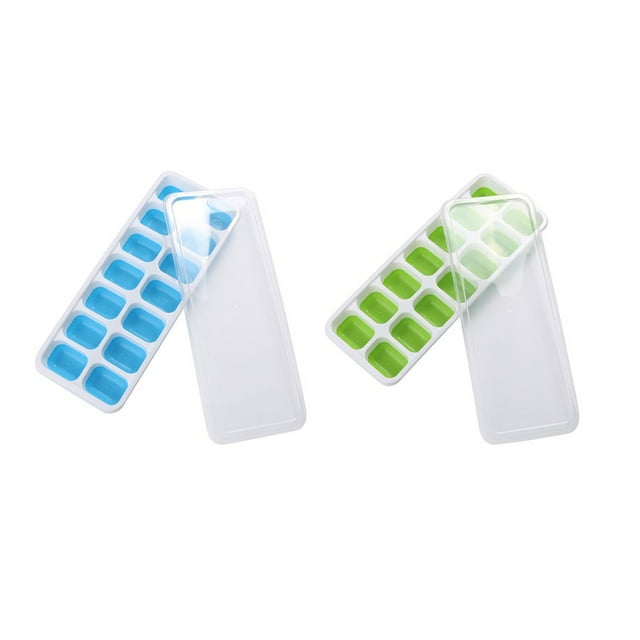 Ice Cube Tray with Easy Release 2Pc Covered Ice Tray Set with 14 Ice Cubes Molds Flexible Rubber Plastic Stackable Ice Cube Trays for Freezer Silicone Ice Cube Tray Shapes
